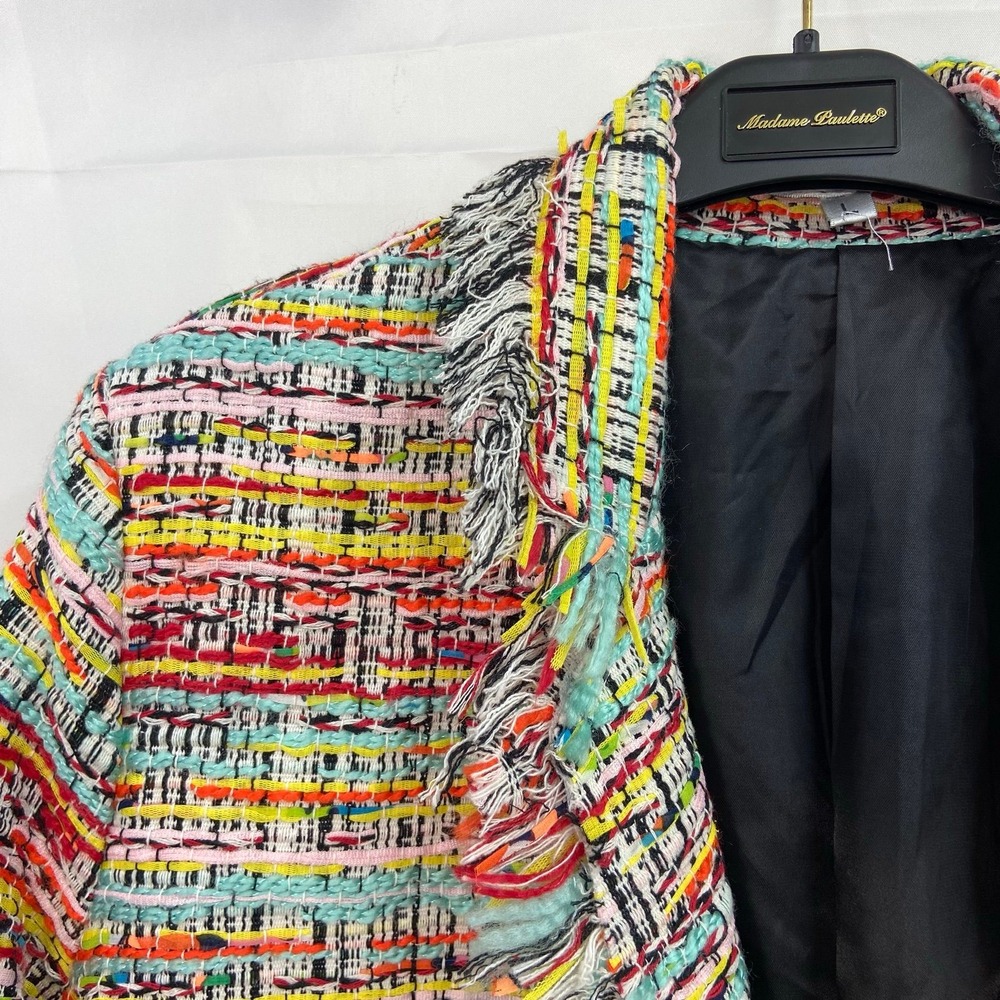 Vintage Adore women's multicolor tweed fringe double button open front coat L - Picture 8 of 9